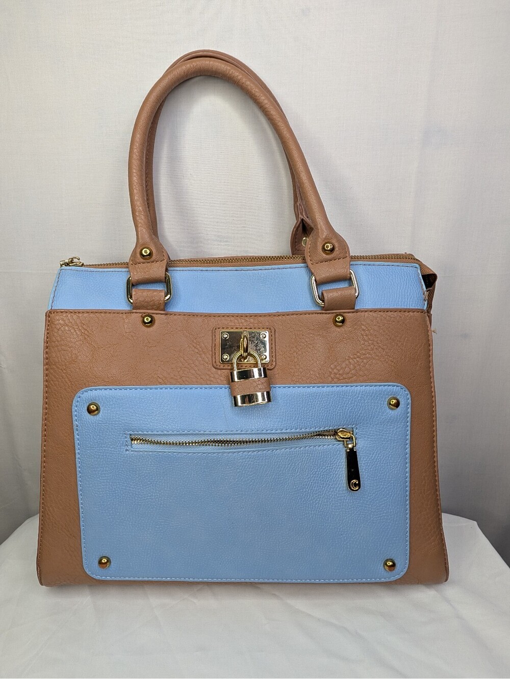Charming Charlie's Color Block Lockbox Tan And blue Med. HandbagHardware